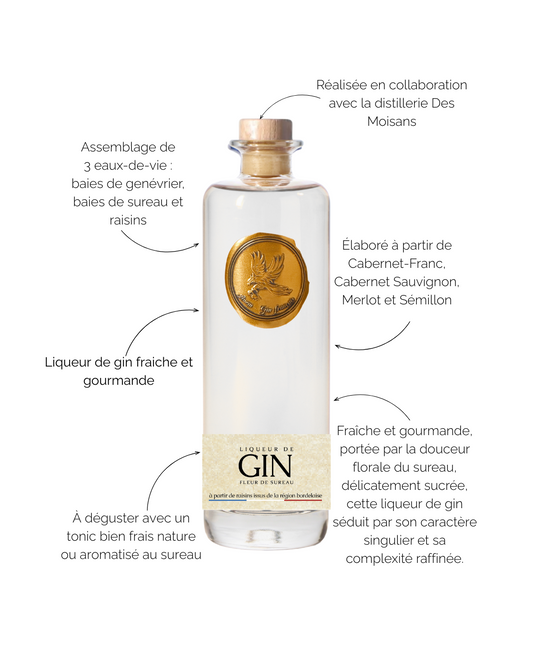 Liqueur de gin à la fleur de suréeau à base de raisin bordelais.