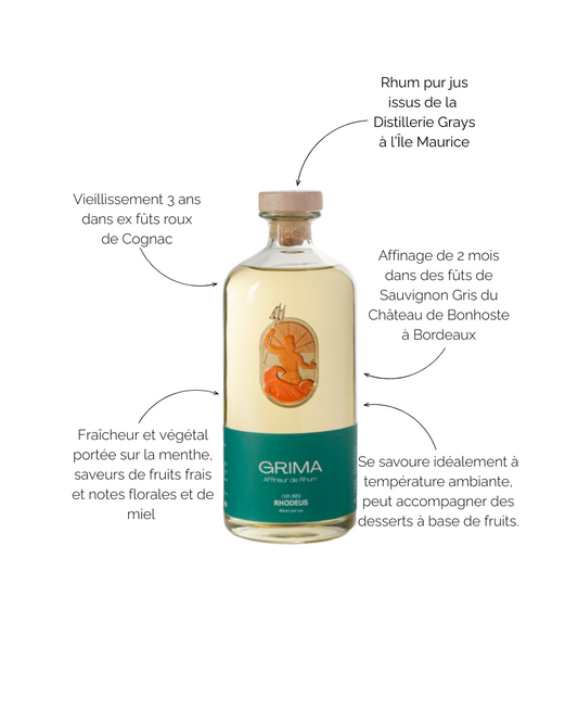 Rhum Grima Rhodeus par maison Mounicq. Rhum pur jus de l'Île Maurice affiné en fût de vin